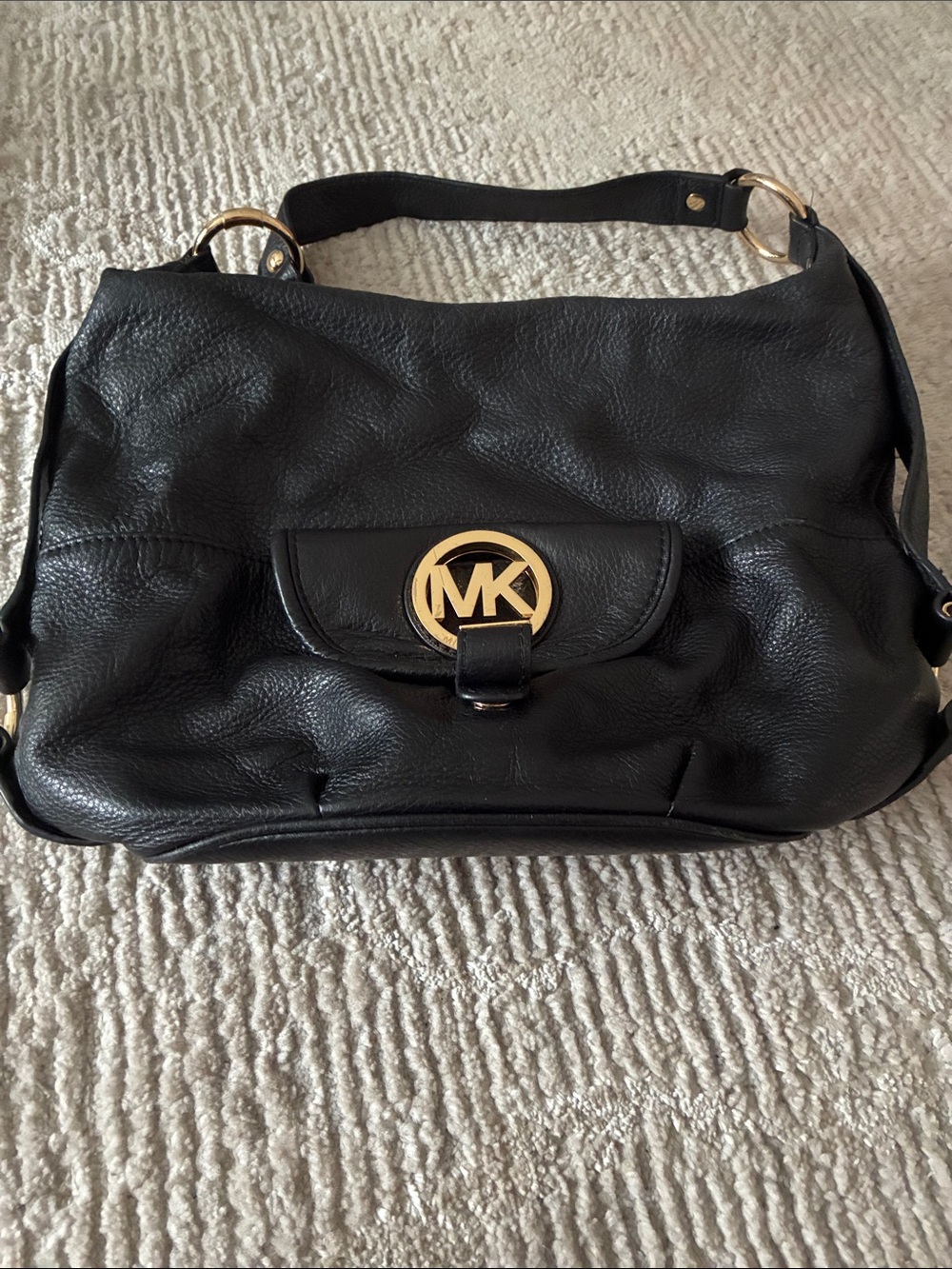 Michael Kors Black Pebbled Leather Shoulder Bag with Gold MK Emblem